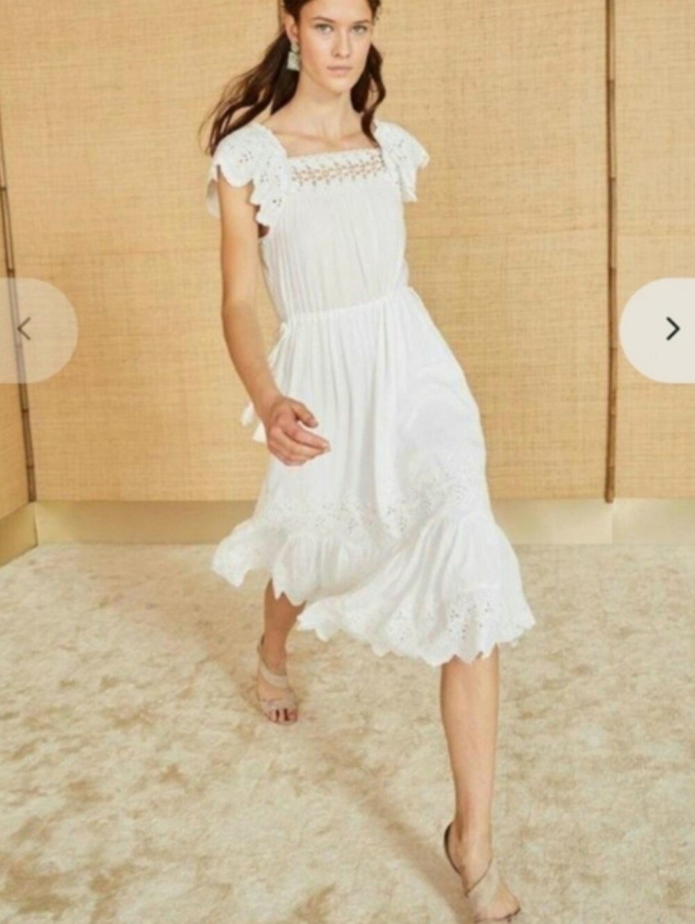 Ulla Johnson Square Neck Lace Opeline Midi Dress White, Linen Cotton, XS, Boho